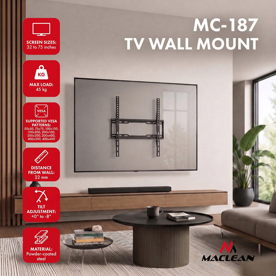 Maclean TV nosač / držač, max VESA 400×400, 32–75", do 45 kg, crni, podešavanje nagiba 0°–8°, MC-187