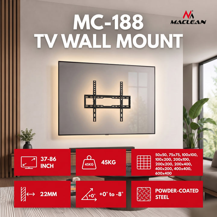 Maclean TV nosač / držač, max VESA 600x400, 37–86", do 45 kg, crni, podešavanje nagiba 0°–8°, MC-188