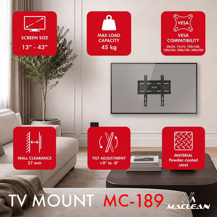 Maclean TV nosač / držač, max VESA 200×200, 13–43", do 45 kg, crni, nagib +2°–10°, MC-189
