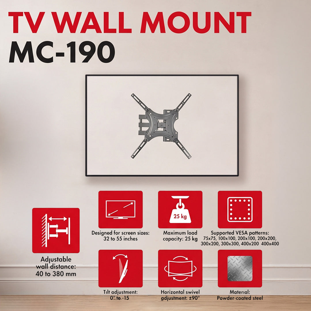 Maclean TV nosač / držač, max VESA 400x400, 32–55", do 25 kg, crni, nagib 0°–-15° i rotacija +90°–-90°, MC-190
