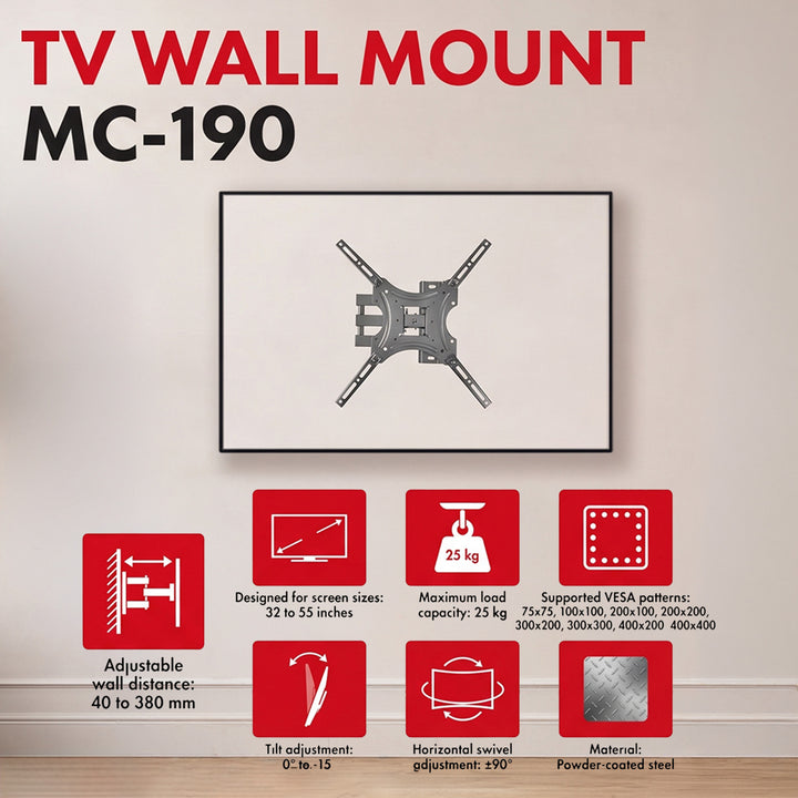 Maclean TV nosač / držač, max VESA 400x400, 32–55", do 25 kg, crni, nagib 0°–-15° i rotacija +90°–-90°, MC-190
