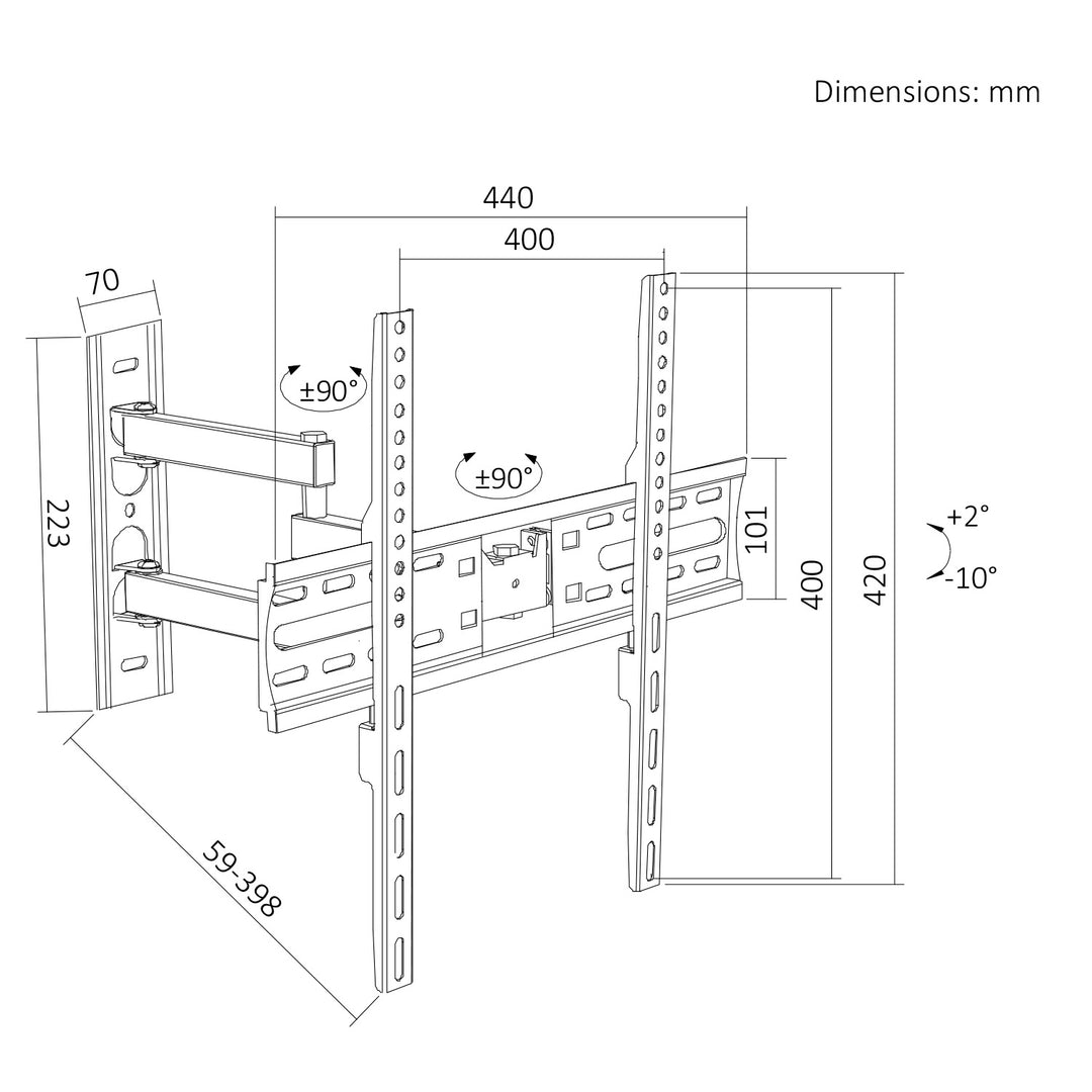 Maclean TV nosač / držač, max VESA 400x400, 32–55", do 30 kg, crni, nagibna podesivost +2°–-10° i rotacijska podesivost +90°–-90°, MC-191