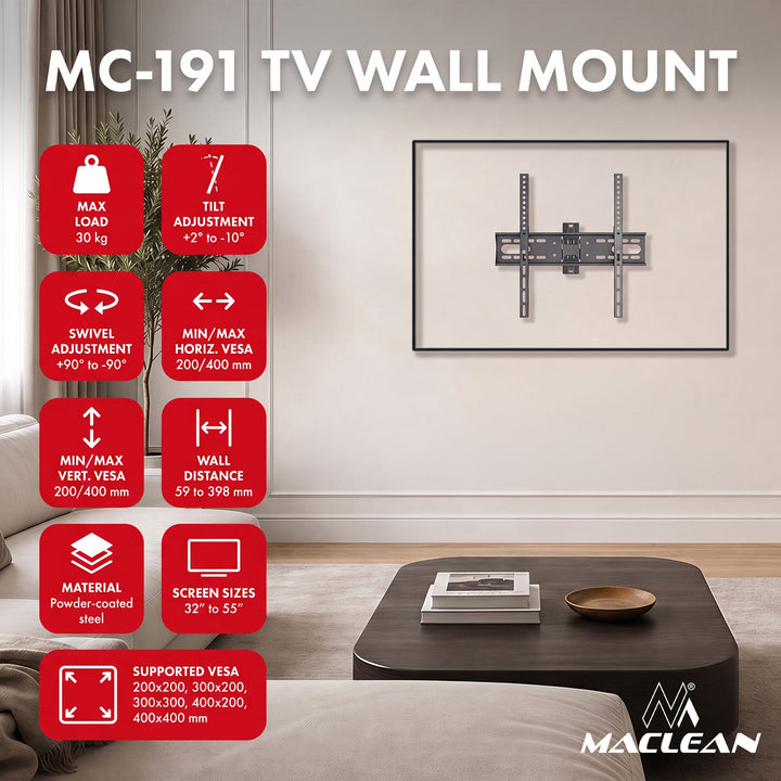 Maclean TV nosač / držač, max VESA 400x400, 32–55", do 30 kg, crni, nagibna podesivost +2°–-10° i rotacijska podesivost +90°–-90°, MC-191