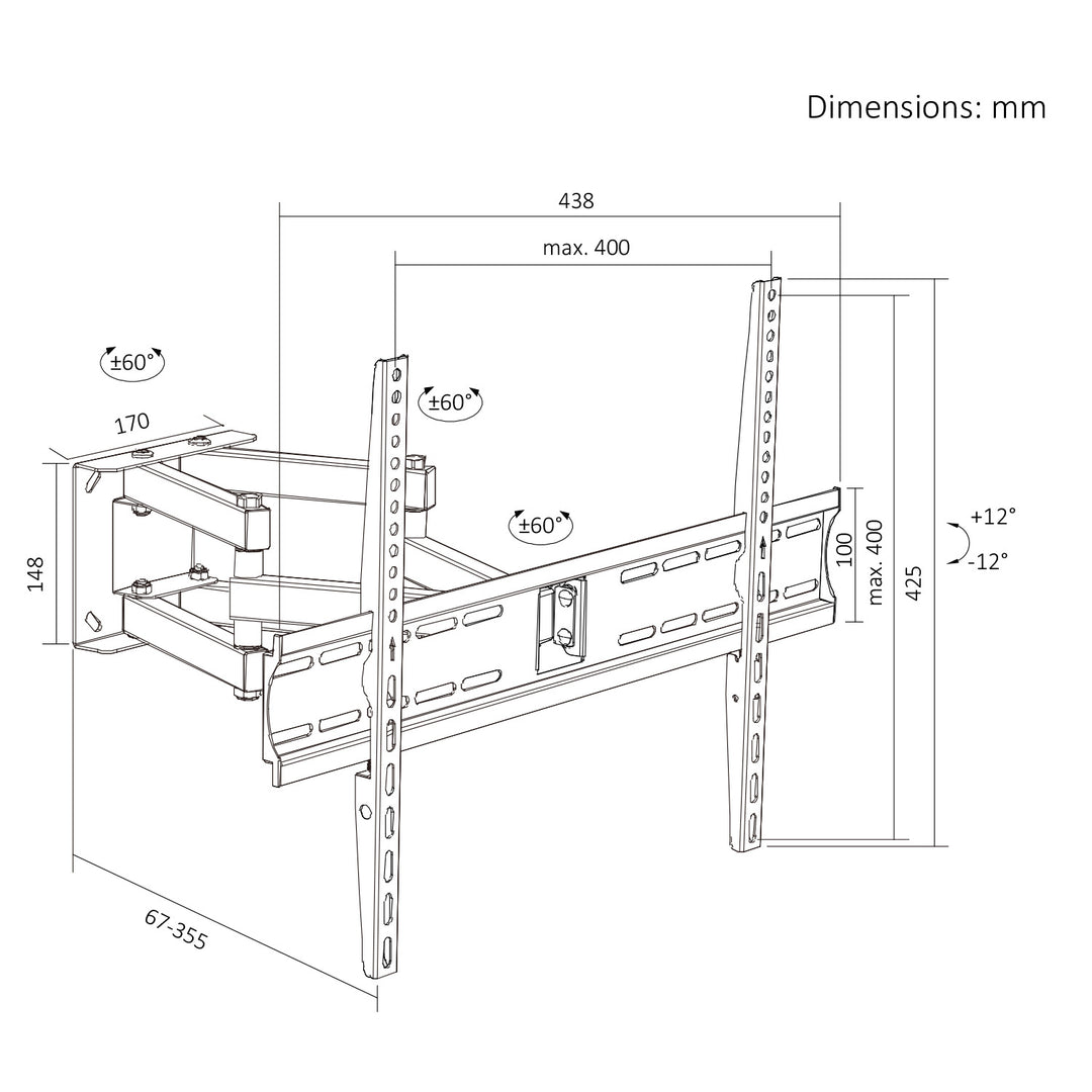 Maclean TV nosač / držač, max VESA 400x400, 32–70", do 40 kg, crni, nagib +12°–-12° i rotacija +60°–-60°, MC-192