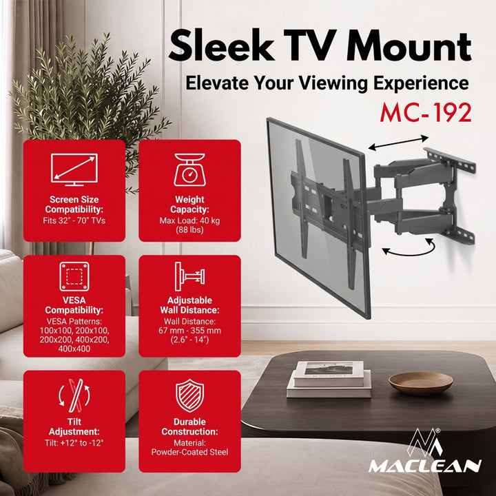 Maclean TV nosač / držač, max VESA 400x400, 32–70", do 40 kg, crni, nagib +12°–-12° i rotacija +60°–-60°, MC-192