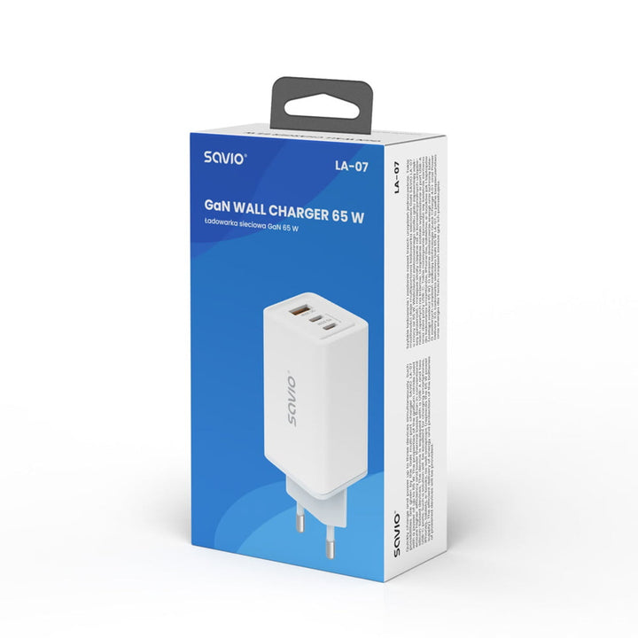 Savio încărcător de rețea, 1x USB-A, 2x USB-C, GaN, 65W, alb, SAVLA-07