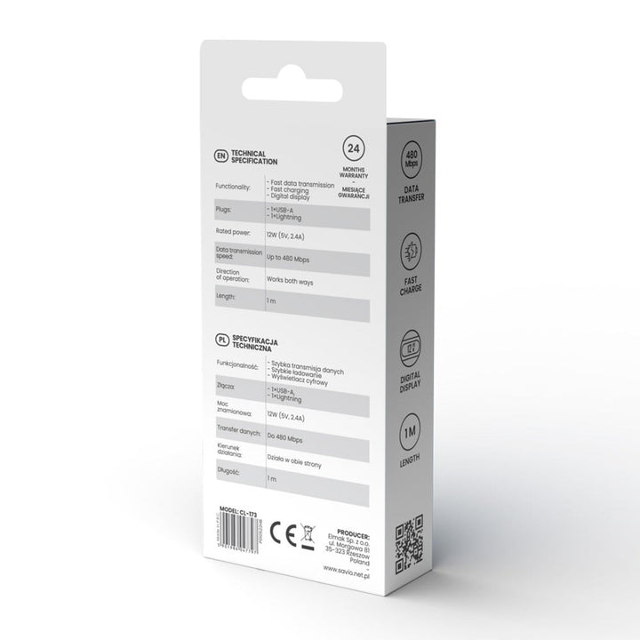 Savio USB na Lightning kabel, digitalni zaslon, duljina 1 m, SAVKABELCL-173