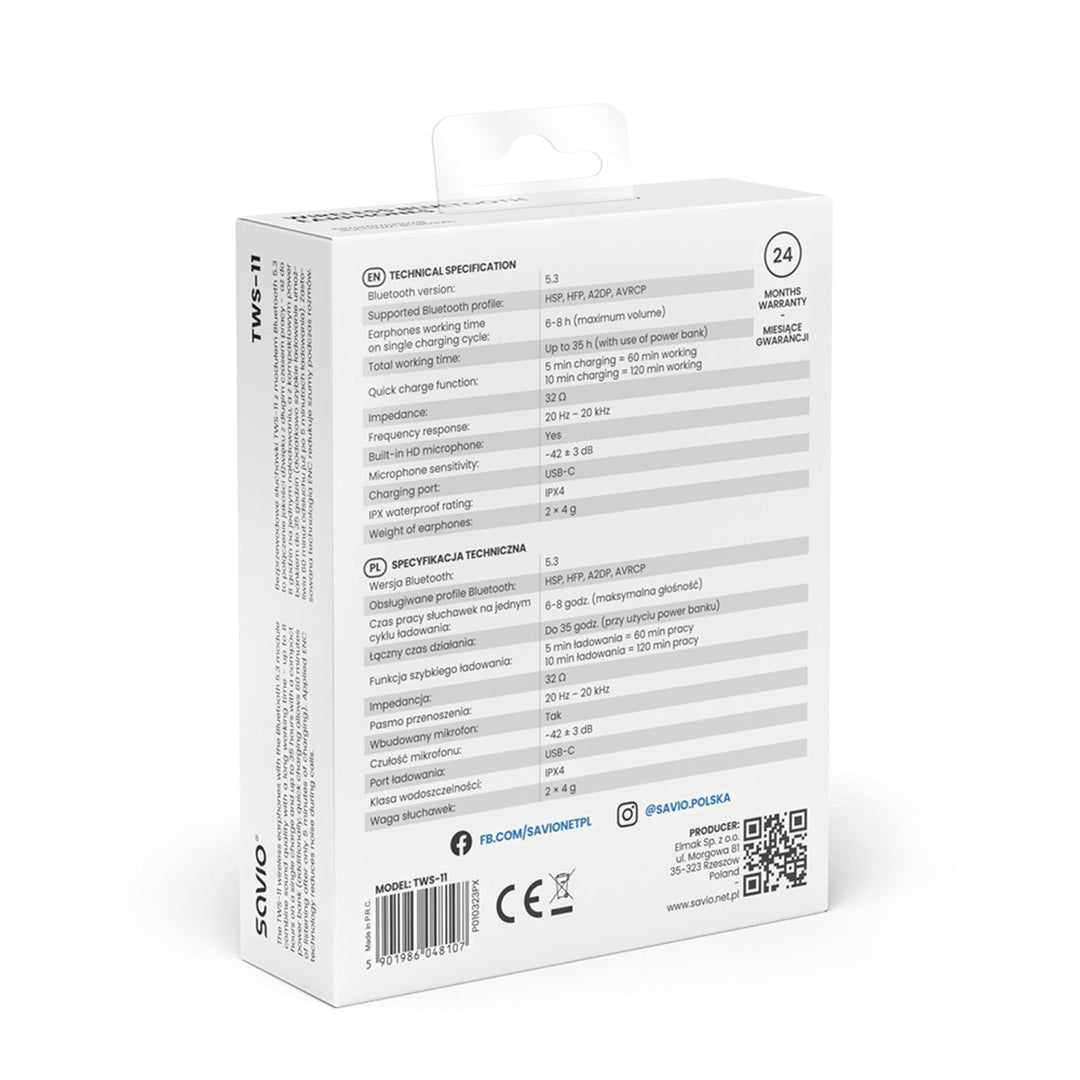 Savio bežične slušalice, Bluetooth 5.3, ENC, USB-C, crne, SAVSLTWS-11