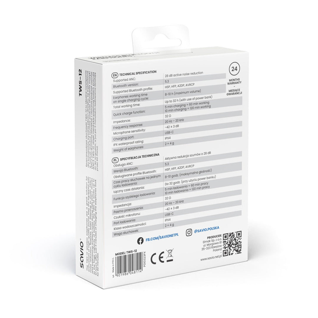 Savio bežične slušalice, Bluetooth 5.3, ANC, USB-C, crne