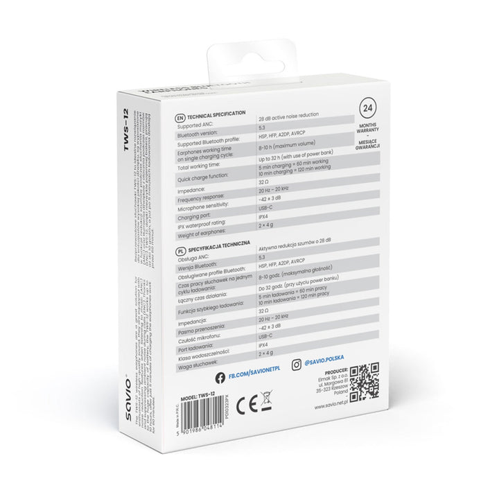 Savio bežične slušalice, Bluetooth 5.3, ANC, USB-C, crne
