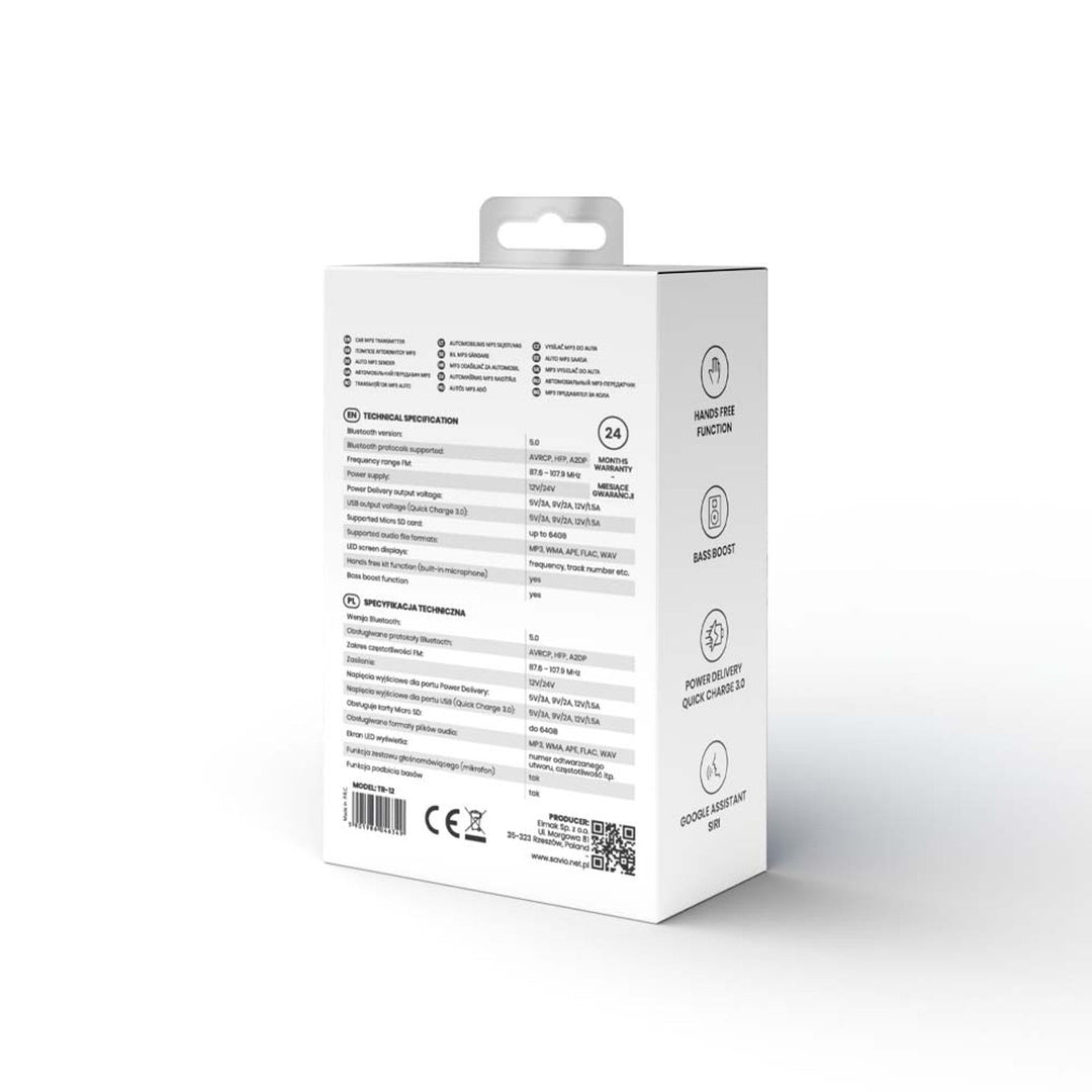 Savio MP3 predajnik za automobil, Bluetooth 5.0, funkcija punjenja, crna, SAVFMTRANSTR-12