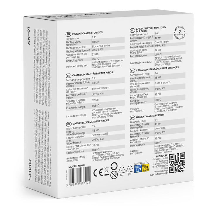 Savio instantni fotoaparat za djecu, rezolucija 48 MP, zaslon 2,4", 2 termalne trake, SAVAN-01