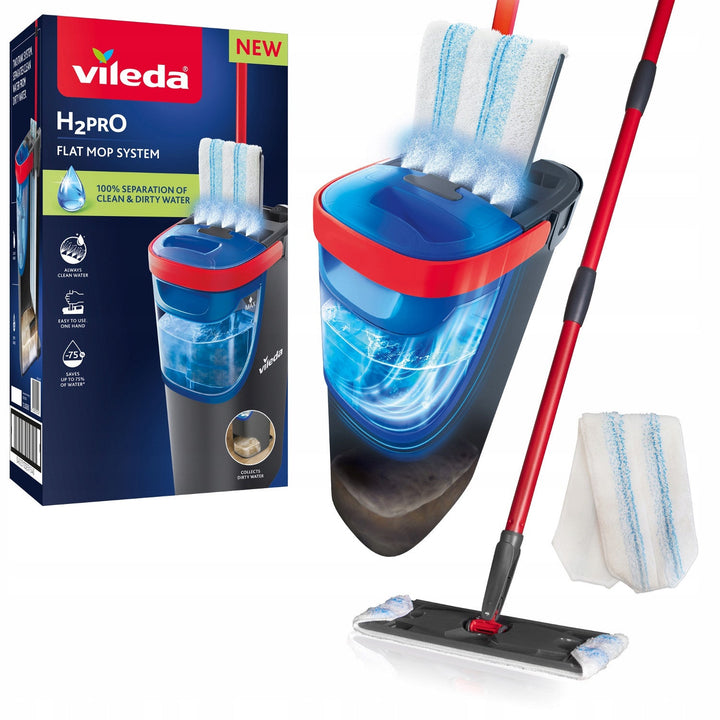Vileda H2prO ravni mop, 100% odvajanje čiste i prljave vode, dva spremnika, mikrofibarna podloga, vrh od 360°, 175774