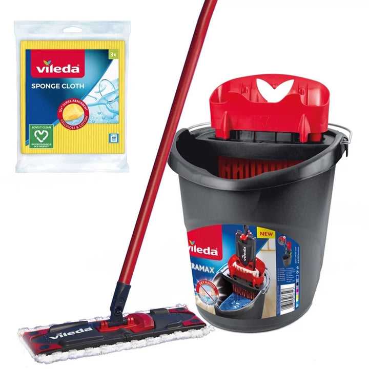 Set ravne mop-krpe + kanta + 3 Vileda krpe, Ultramax BOX, sustav cijeđenja bez dodira, dvije vrste vlakana, 177453