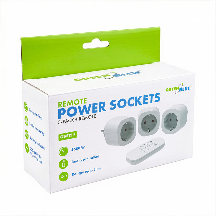 GreenBlue daljinski upravljane utičnice, pakiranje od 3 komada, programabilne, domet do 30 m, 220–240 V AC, 50/60 Hz, 16 A, 433 MHz, GB313 F