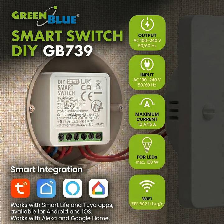 GreenBlue ugradbeni WiFi relej, Android/iOS/Alexa/Google Home, 100–240 V AC, 50/60 Hz, max. 16 A, za LED diode snage 150 W, GB739
