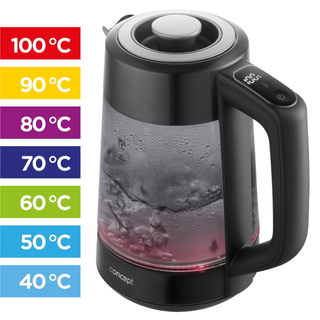 Staklena električna kuharica Concept, kapacitet 1,7 l, snaga 1850–2200 W, crna boja, Strix priključak, kontrola temperature, digitalna kontrola, RK4195