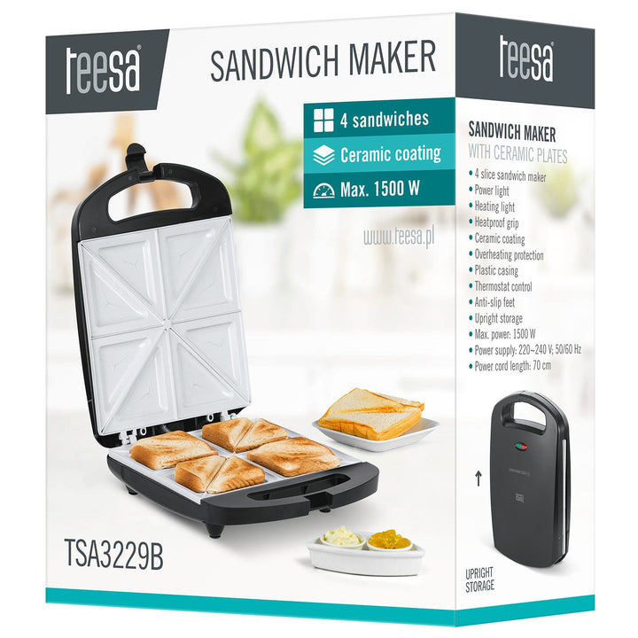 Aparat de făcut sandvișuri Teesa, inserții ceramice, pentru 4 sandvișuri, putere maximă 1500 W, TSA3229B