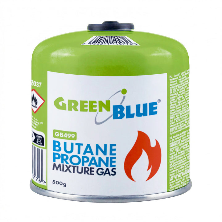 GreenBlue plinski uložak 500 g. Certifikat: Pi 0437, u skladu s EN 417, butan-propane, radni temperaturni raspon -10 °C do +40 °C, navojni ventil 7/16&