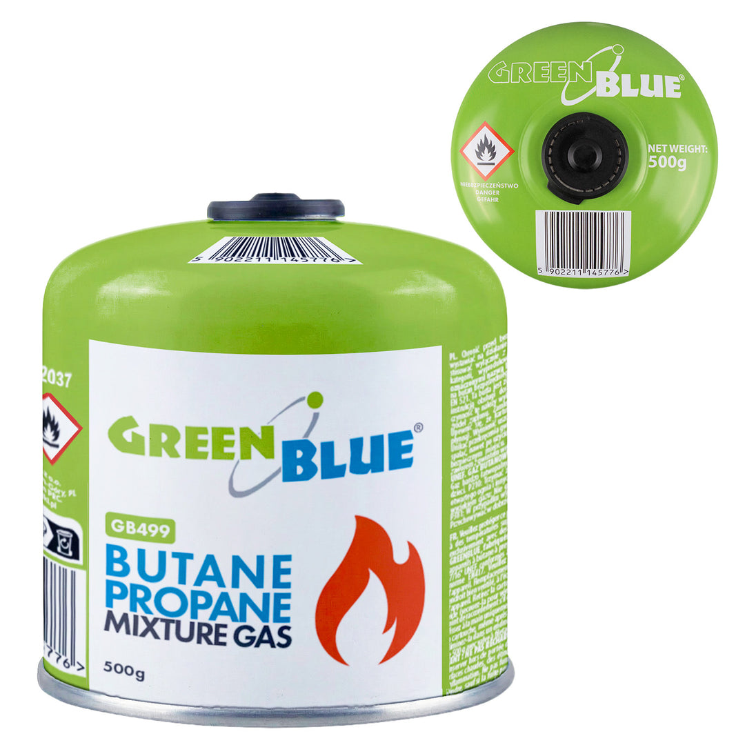 GreenBlue plinski uložak 500 g. Certifikat: Pi 0437, u skladu s EN 417, butan-propane, radni temperaturni raspon -10 °C do +40 °C, navojni ventil 7/16&