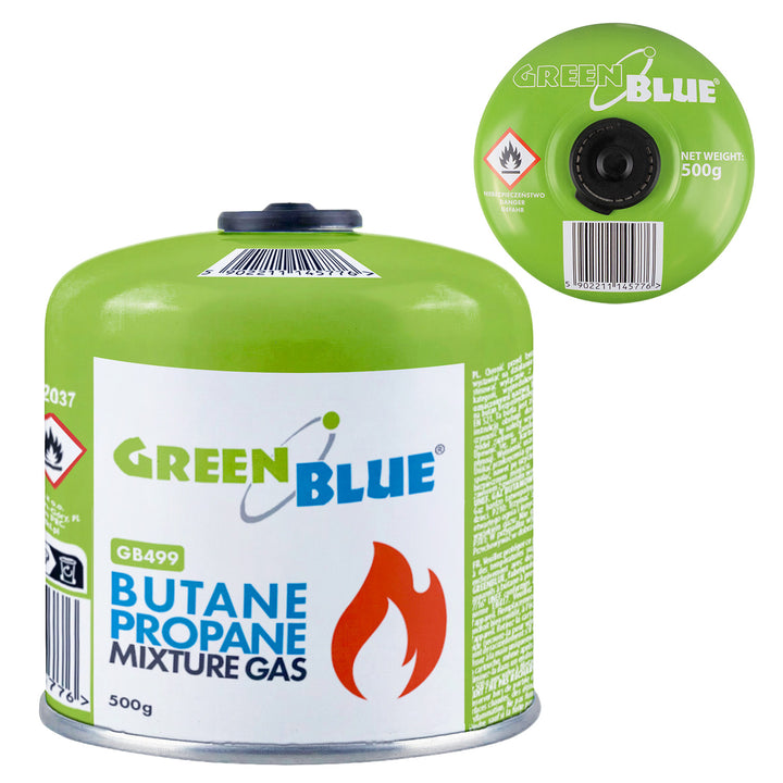 GreenBlue plinski uložak 500 g. Certifikat: Pi 0437, u skladu s EN 417, butan-propane, radni temperaturni raspon -10 °C do +40 °C, navojni ventil 7/16&