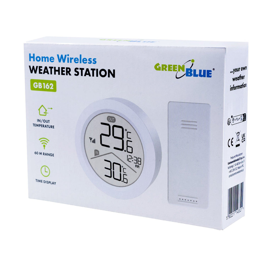 GreenBlue bežična vremenska stanica, ulaz/izlaz temperature, sat, odabir °C/°F, domet do 60 m, GB162, 4× AAA baterije