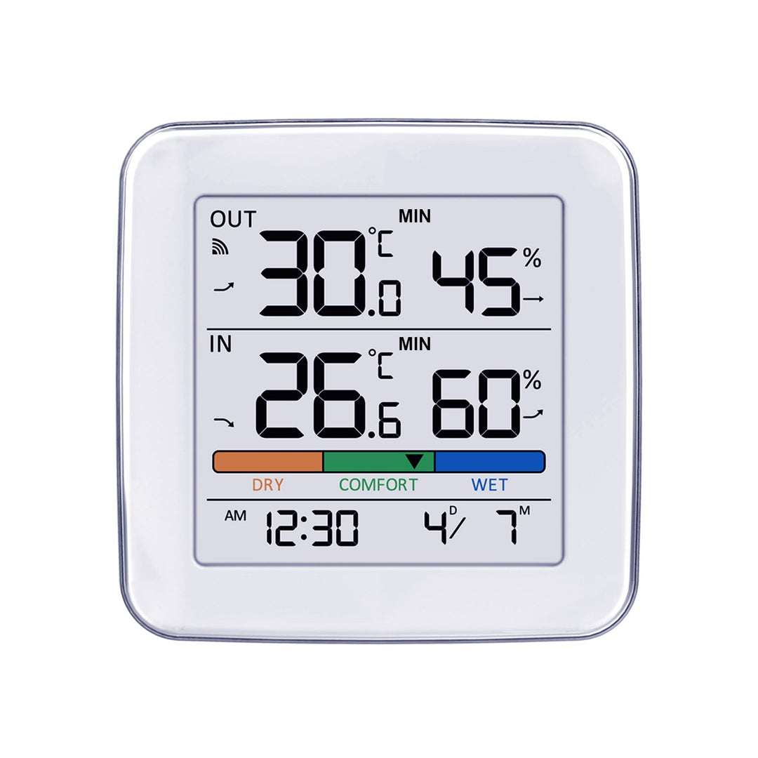GreenBlue bežična vremenska stanica, temperatura i vlaga ulaz/izlaz, sat, alarm i datum, odabir °C / °F, domet do 60 m, GB169, 4× AAA baterije