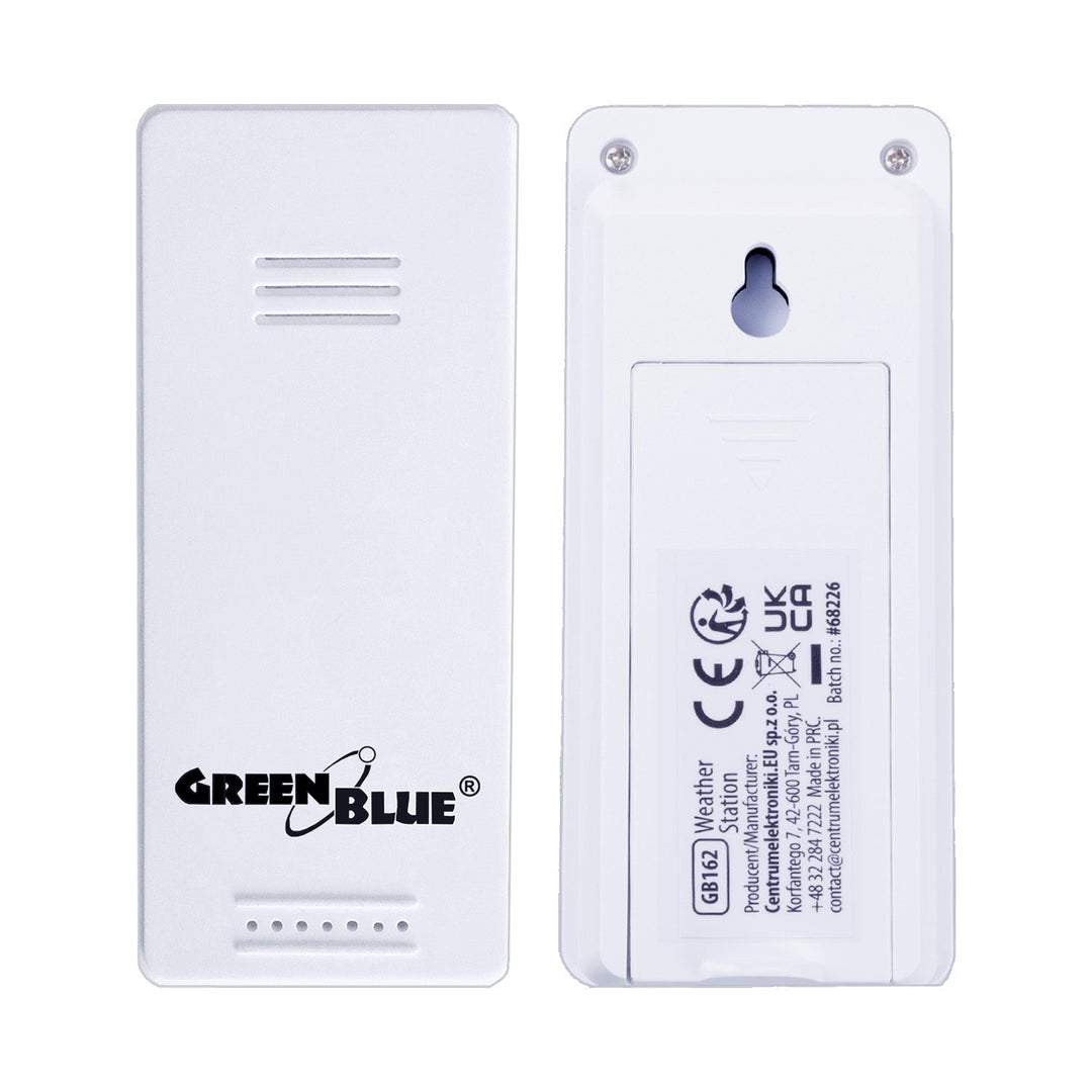 GreenBlue bežična vremenska stanica, temperatura i vlaga ulaz/izlaz, sat, alarm i datum, odabir °C / °F, domet do 60 m, GB169, 4× AAA baterije