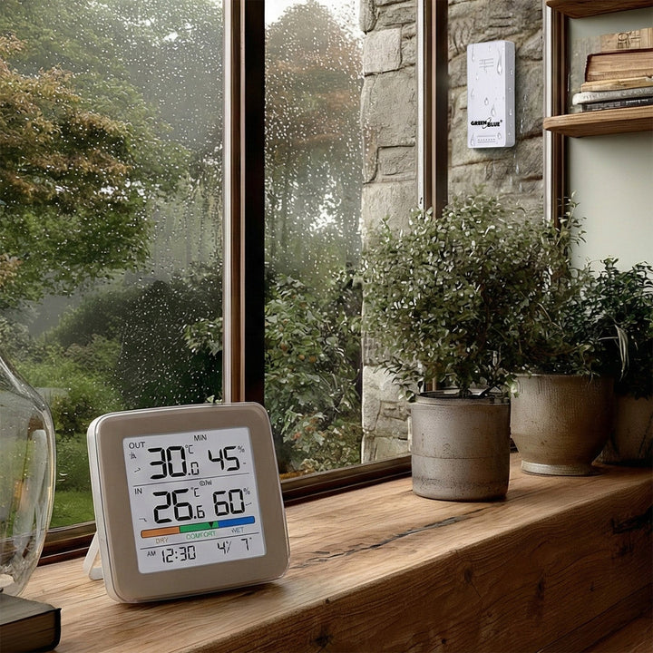 GreenBlue bežična vremenska stanica, temperatura i vlaga ulaz/izlaz, sat, alarm i datum, odabir °C / °F, domet do 60 m, GB169, 4× AAA baterije