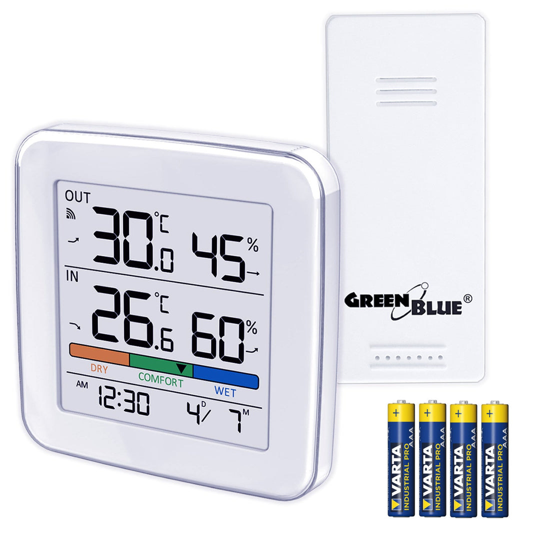 GreenBlue bežična vremenska stanica, temperatura i vlaga ulaz/izlaz, sat, alarm i datum, odabir °C / °F, domet do 60 m, GB169, 4× AAA baterije