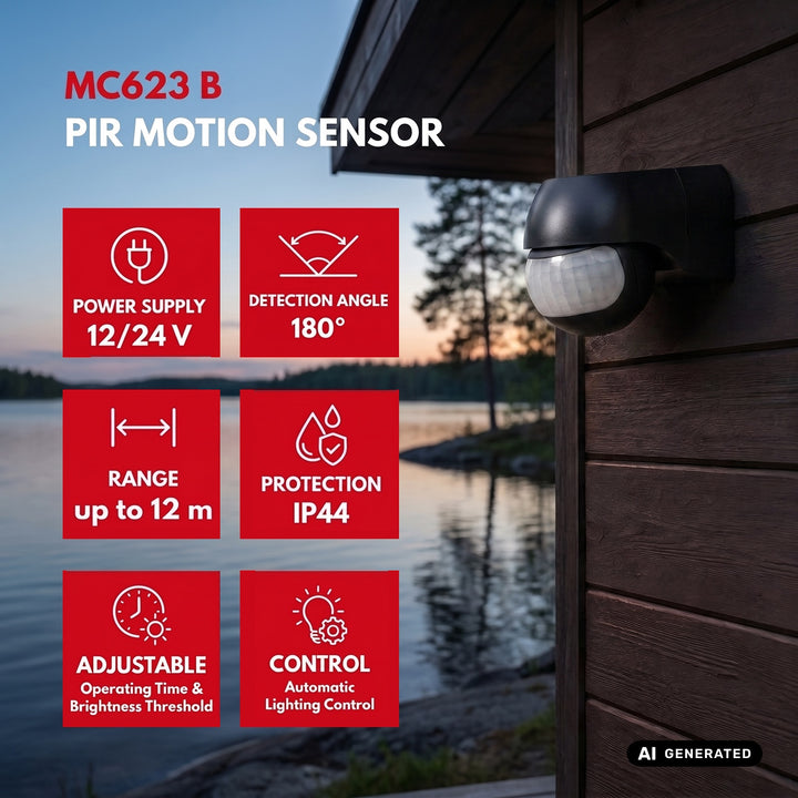 Maclean 12–24 V PIR senzor pokreta, infracrveni, IP44, crni, domet 12 m, maksimalno opterećenje 60/120 W, MCE623 B
