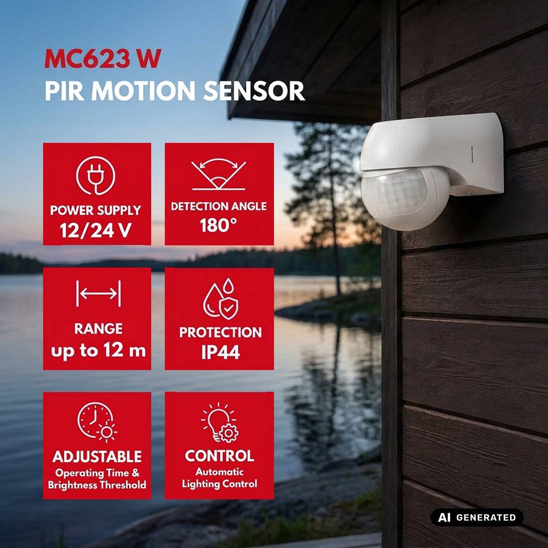 Maclean 12–24 V PIR senzor pokreta, infracrveni, IP44, bijeli, domet 12 m, maksimalno opterećenje 60/120 W, MCE623 W