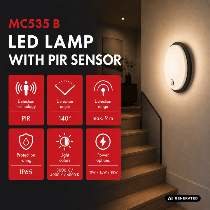Maclean LED lampa s senzorom pokreta, PIR senzorom, crna, 10W/15W/18W, IP65, temperaturu boje podesivu na 3000/4000/6000K, MCE535 B