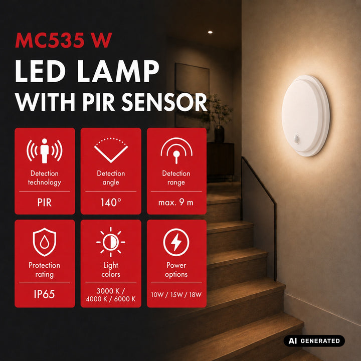 Maclean LED lampa s senzorom pokreta, PIR senzorom, bijela, 10W/15W/18W, IP65, temperaturu boje podesivu na 3000K/4000K/6000K, MCE535 W
