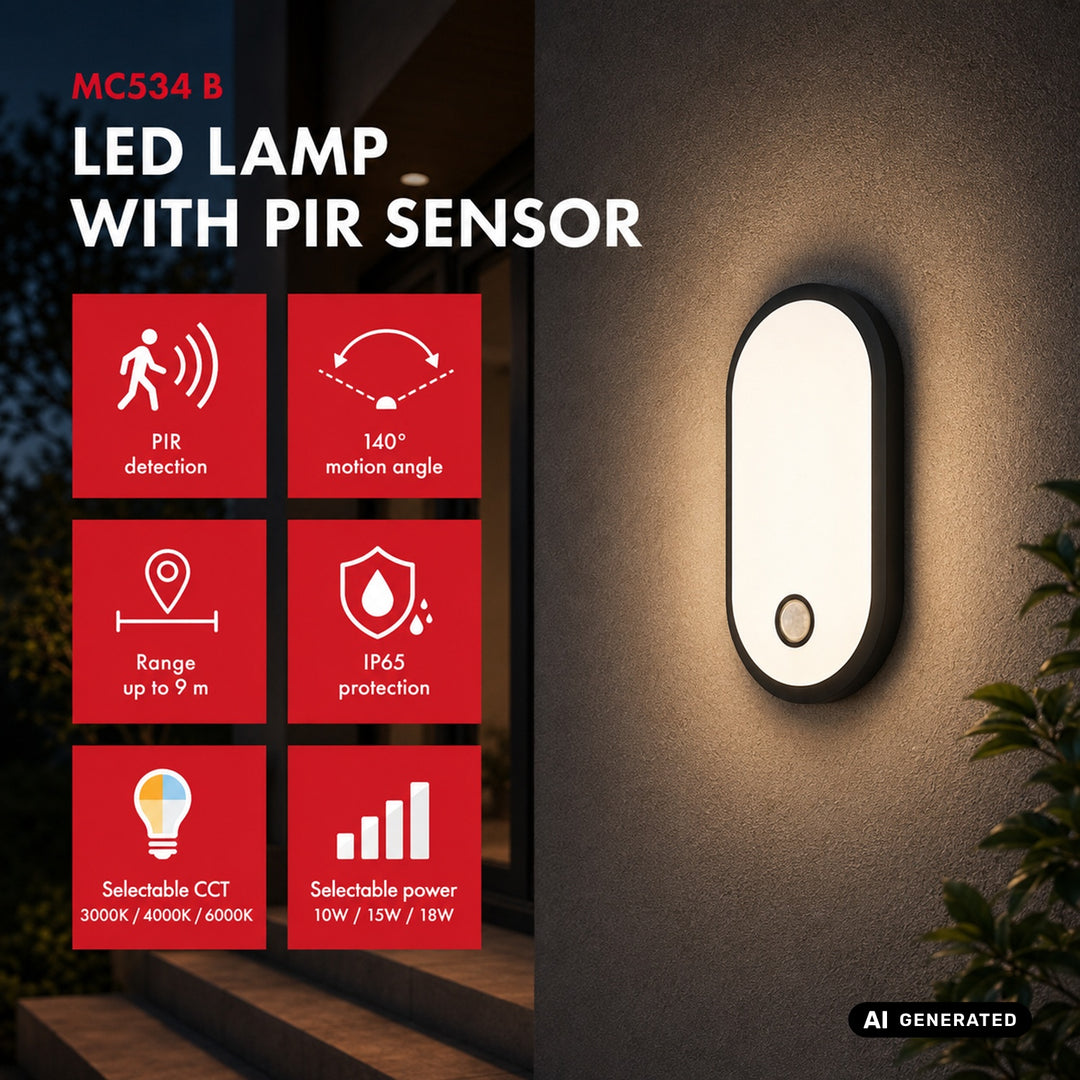 Maclean LED lampa s senzorom pokreta, PIR senzorom, crna, 10W/15W/18W, IP65, temperaturu boje podesivu na 3000K/4000K/6000K, MCE534 B