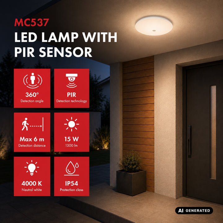 Stropna LED svjetiljka Maclean s PIR senzorom, 15 W, 1300 lm, IP54, 220–240 V~ 50/60 Hz, MCE537