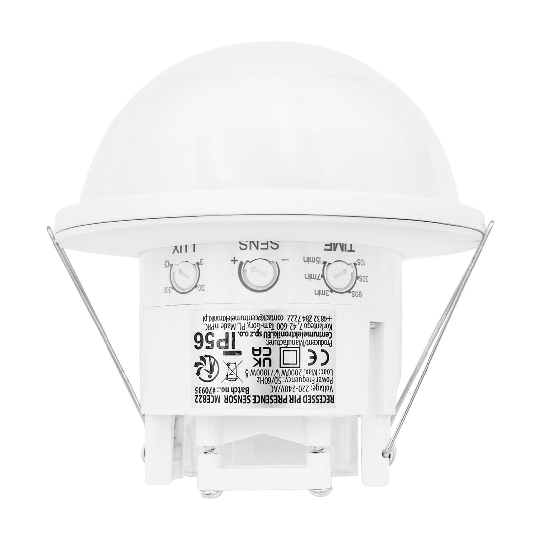 Maclean PIR detektor prisutnosti, ugradbeni, domet detekcije 10×40 m, 1000 W/2000 W, 220–240 V AC, 50/60 Hz, IP54, MCE822