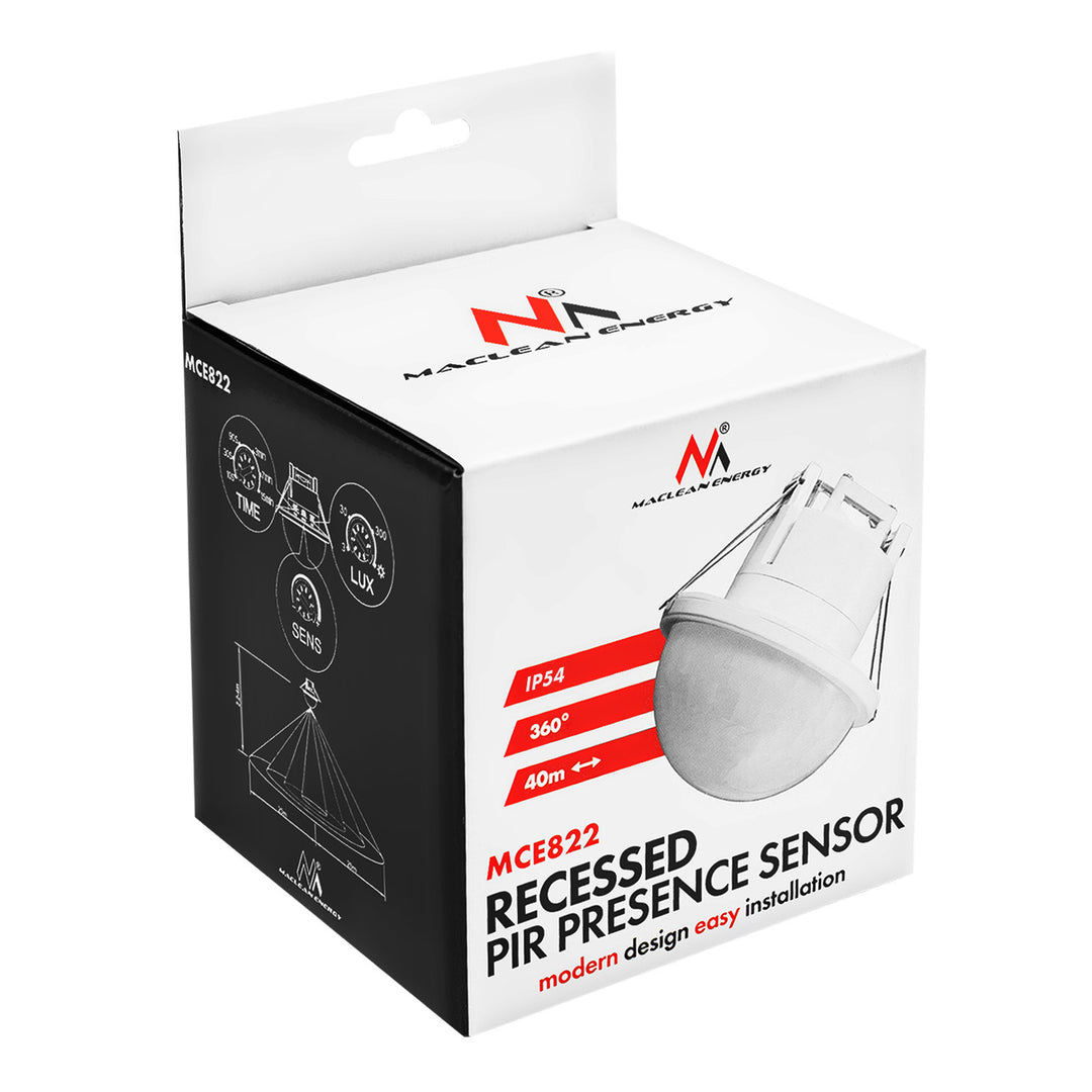 Maclean PIR detektor prisutnosti, ugradbeni, domet detekcije 10×40 m, 1000 W/2000 W, 220–240 V AC, 50/60 Hz, IP54, MCE822