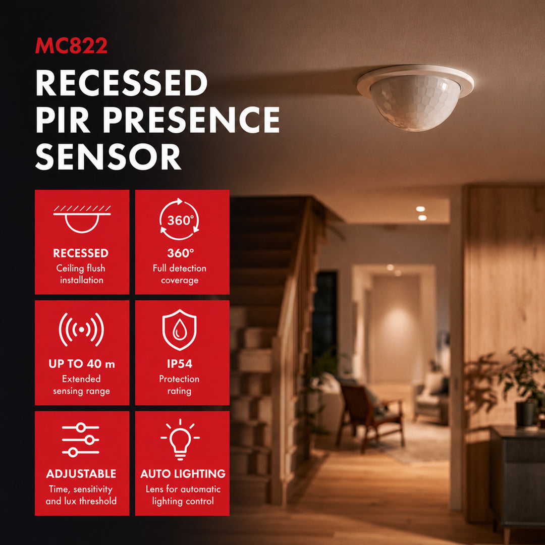 Maclean PIR detektor prisutnosti, ugradbeni, domet detekcije 10×40 m, 1000 W/2000 W, 220–240 V AC, 50/60 Hz, IP54, MCE822