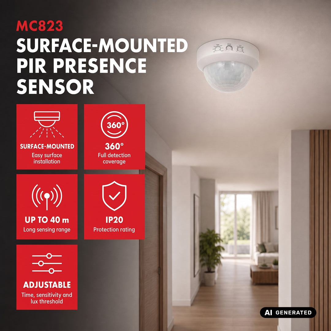 Maclean PIR detektor prisutnosti, površinski montiran, domet 10x40 m, 1000 W/2000 W, 220–240 V AC, 50/60 Hz, MCE823