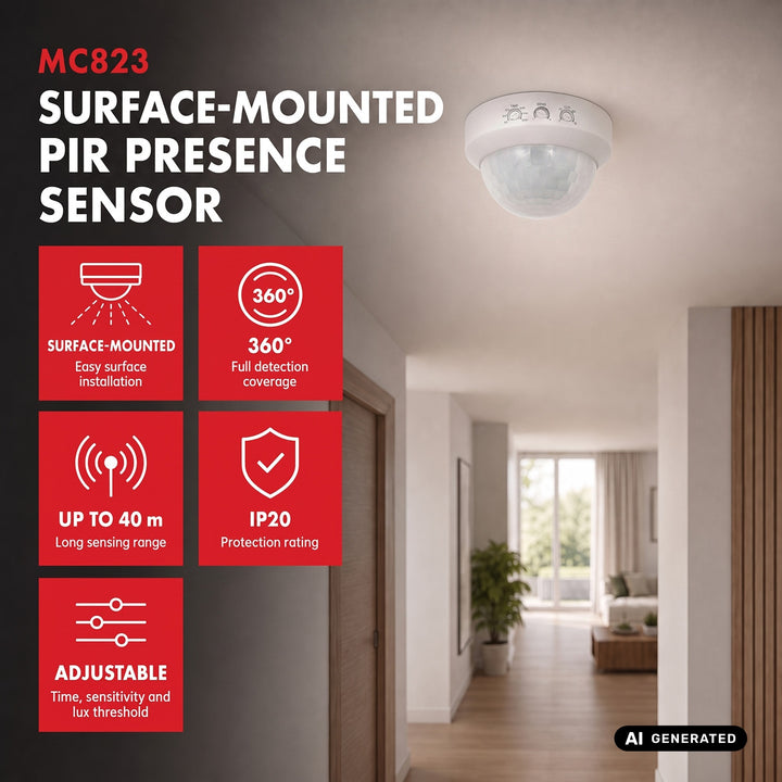Maclean PIR detektor prisutnosti, površinski montiran, domet 10x40 m, 1000 W/2000 W, 220–240 V AC, 50/60 Hz, MCE823
