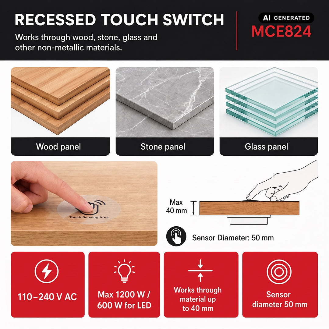 Maclean dodirno prekidače u ravnini, <40 mm, 110–240 V AC, maksimalno opterećenje 600 W za LED, MCE824