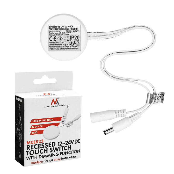 Maclean dodirno prekidače za ugradnju u ravninu, <40 mm, 12–24 V DC, max. opterećenje 48/96 W, MCE825
