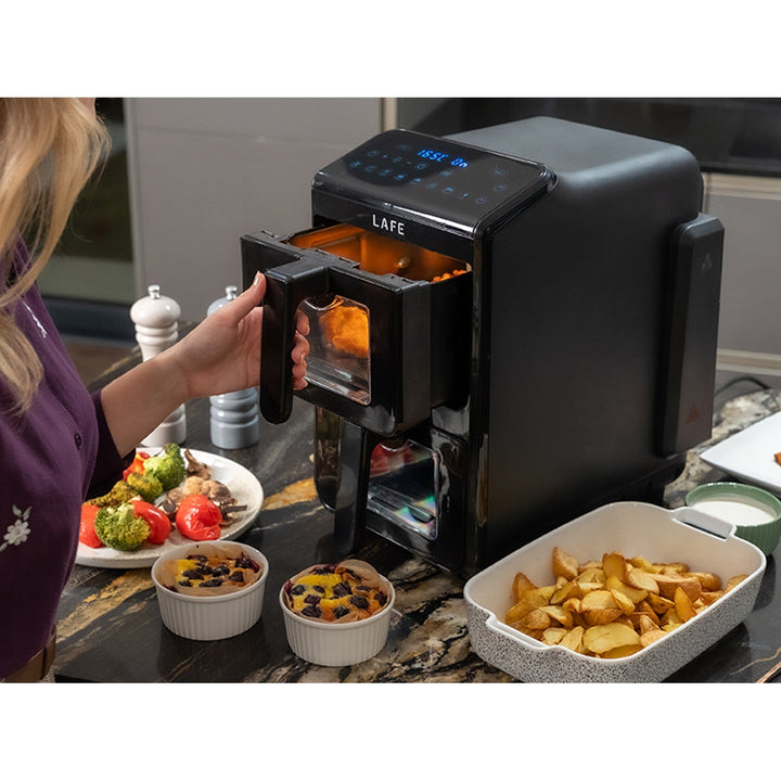 LAFE friteza bez ulja, zračna friteza, 2 komore, 5 L, 2460 W snage, LCD zaslon, Dual Fry