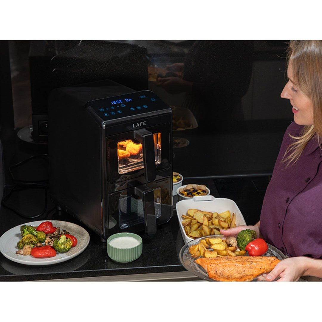 LAFE friteza bez ulja, zračna friteza, 2 komore, 5 L, 2460 W snage, LCD zaslon, Dual Fry