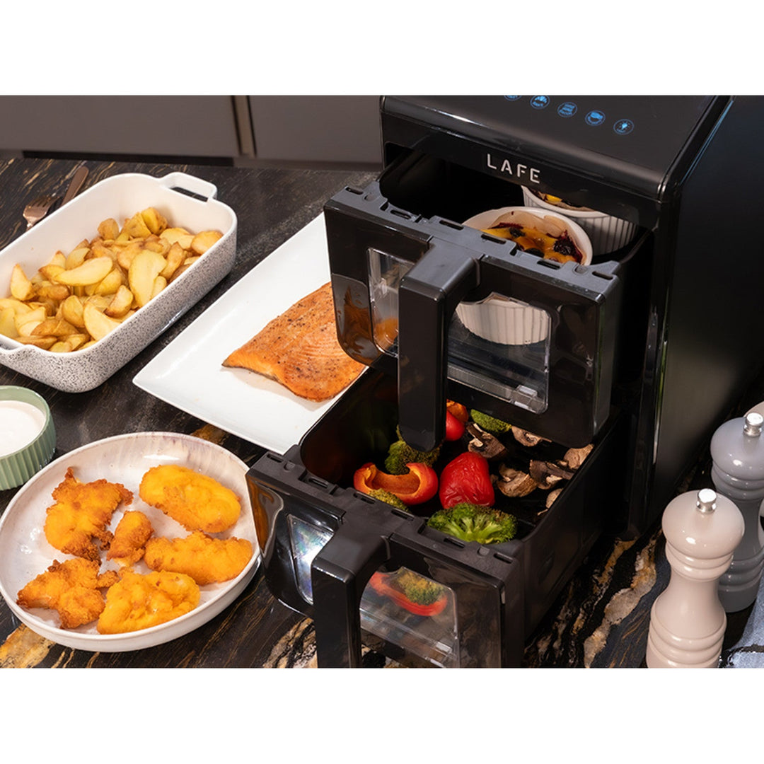 LAFE friteza bez ulja, zračna friteza, 2 komore, 5 L, 2460 W snage, LCD zaslon, Dual Fry