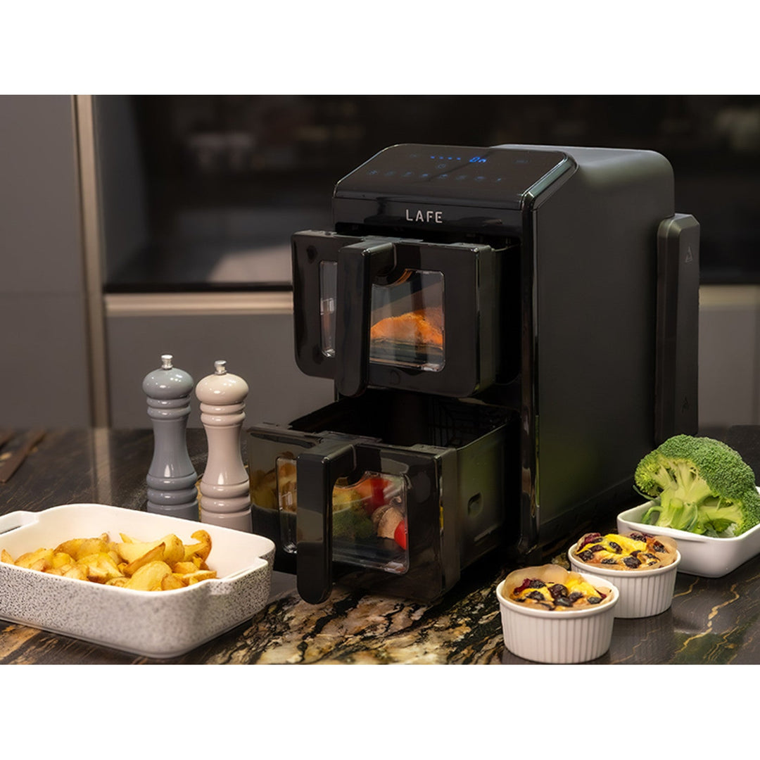 LAFE friteza bez ulja, zračna friteza, 2 komore, 5 L, 2460 W snage, LCD zaslon, Dual Fry