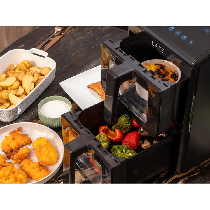 LAFE friteza bez ulja, zračna friteza, 2 komore, 5 L, 2460 W snage, LCD zaslon, Dual Fry