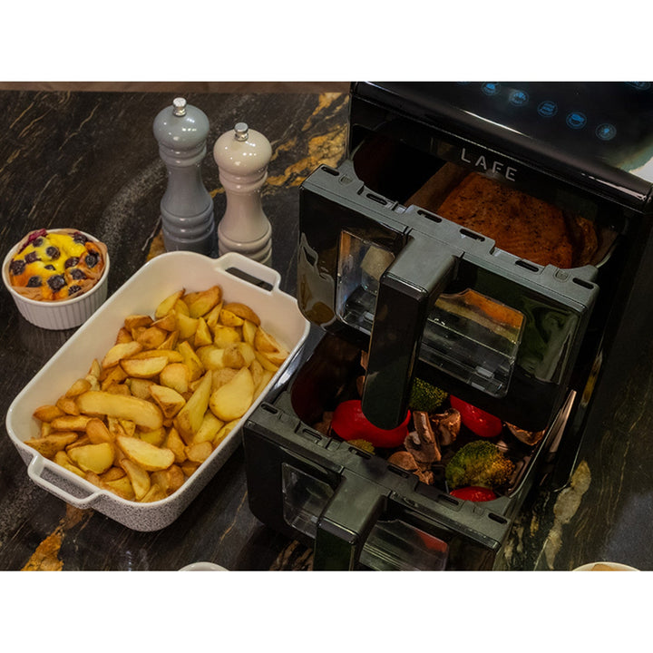 LAFE friteza bez ulja, zračna friteza, 2 komore, 5 L, 2460 W snage, LCD zaslon, Dual Fry