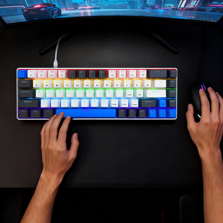 RED CORE MX60 - Kratka mehanička gaming tipkovnica od 60 %, tihi RED mehanički prekidači, boje pozadinsko osvjetljenje, 68 tipki, USB-C. Boja: bijela/plava. Mediatech